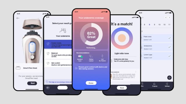 Fem smarttelefon-skjermer som viser ulike funksjoner i Braun IPL-appen.