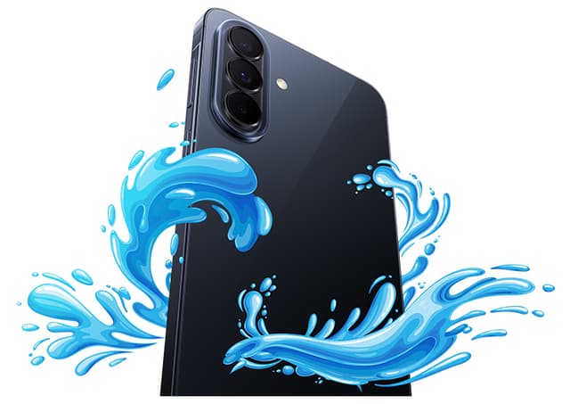 Samsung Galaxy A57 5G omgiven av illustrerat vattenstänk för att illustrera IP68 och vattentåligheten.