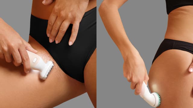 Kvinde bruger Braun Silk·épil 9 Flex SkinSpa epilator til at barbere og massere