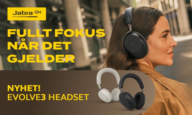 Jabra Evolve3-banner med informasjon og kvinne som bruker Evolve3 85-headsettet.
