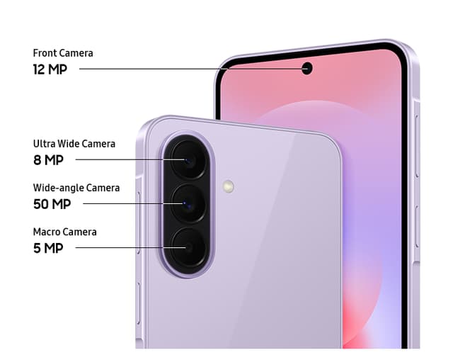 Forside og bagside af Galaxy A37 5G der viser triple kamerasystem