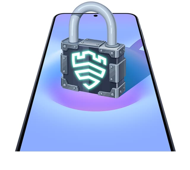 Kuvituskuva älypuhelimesta, jonka ruudulla näkyy turvallisuusominaisuuksia kuvastavan lukon kuva