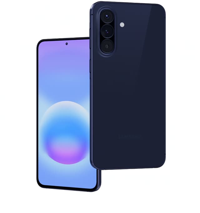 Musta Samsung Galaxy A57 5G -älypuhelin kuvattuna edestä ja takaa