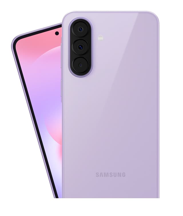Vaalean violetti Samsung Galaxy A37 -älypuhelin kuvattuna edestä ja takaa