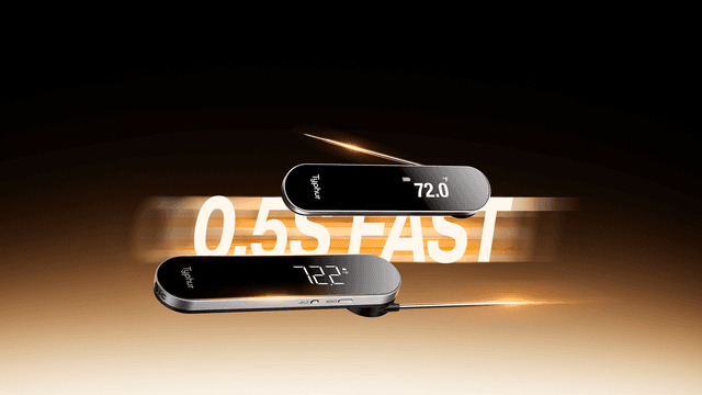 Et Typhur InstaProbe Core-termometer foran teksten: 0,5s fast. 