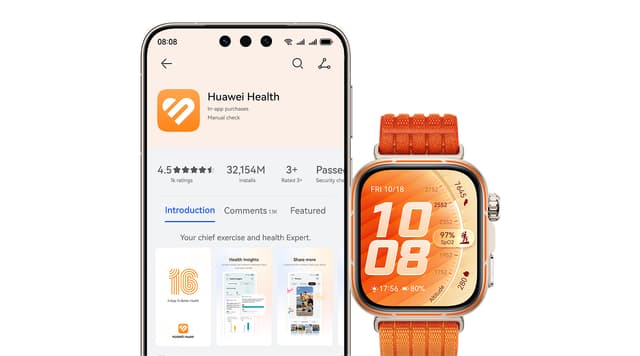 En smartklokke fra Huawei Watch Fit 5-serien ved siden av en smarttelefon som viser Huawei Health-appen på skjermen.