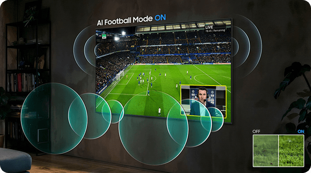 Samsung-tv, jossa näkyy jalkapallokenttä ja kuvituksia joiden avulla havainnollistetaan AI Football Mode -tilan etuja