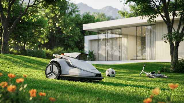En Terramow-robotgressklipper kjører på en grønn hageplen med en sykkel og fotball i bakgrunnen.