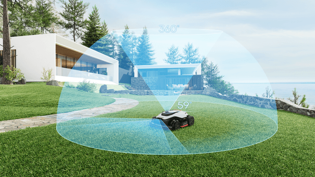 En Dreame-robotgressklipper skanner omgivelsene i en hage med 360° OmniSense og 3D LiDAR-navigasjon.