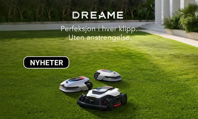 Banner med tre Dreame-robotgressklippere på en grønn plen.