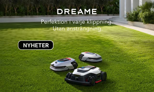 Tre Dreame robotgräsklippare på gräsmatta med texten: Perfektion i varje klippning, utan ansträngning.