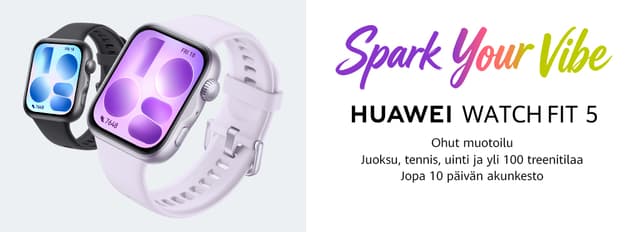 Kaksi Huawei Watch Fit 5 -urheilukelloa ja teksti "Spark your vibe" valkoista taustaa vasten