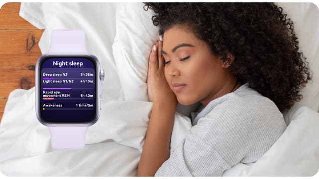 Nainen nukkuu Huawei Watch Fit 5 ranteessaan