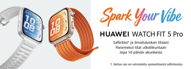 Kaksi Huawei Watch Fit 5 Pro -urheilukelloa ja teksti "Spark your vibe" valkoisella taustalla