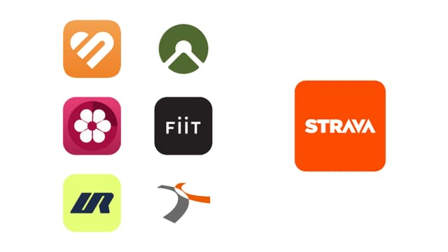 Huawei Watch Fit 5s olika app-logotyper så som Fiit och Strava mot en vit bakgrund