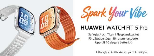 Två Huawei Watch Fit 5 Pro sportklockor och texten "Spark your vibe" mot en vit bakgrund