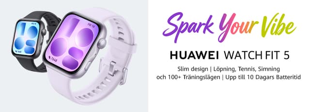 Två Huawei Watch Fit 5 sportklockor och texten "Spark your vibe" mot en vit bakgrund