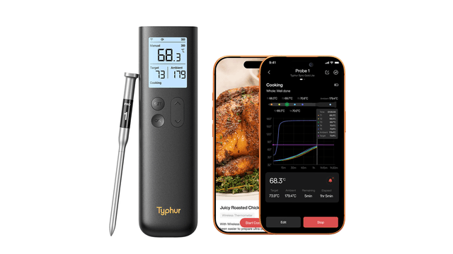 Typhur Sync Gold Lite -lämpömittari älypuhelimen vieressä, jossa näkyy Typhur-sovelluksen käyttöliittymä