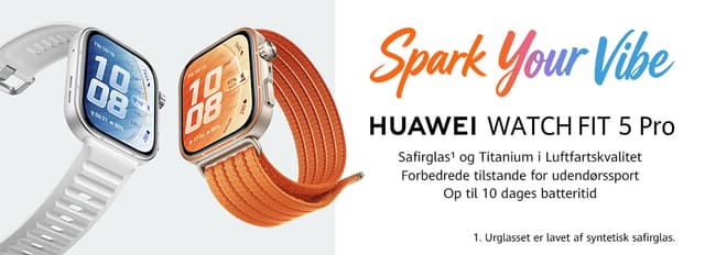 Two Huawei Watch Fit 5 Pro sports watches and text "Spark your vibe" against a white background