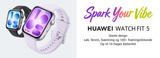 Two Huawei Watch Fit 5 sports watches and text "Spark your vibe" against a white background