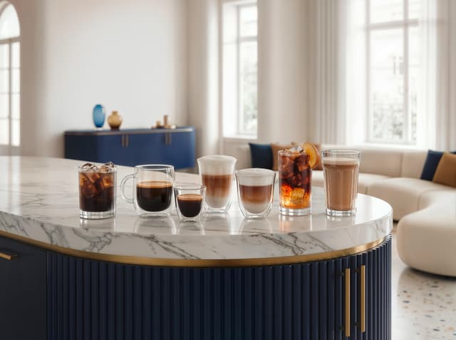 Syv forskjellige kaffedrikker plassert på en marmorbenk på et lyst kjøkken.