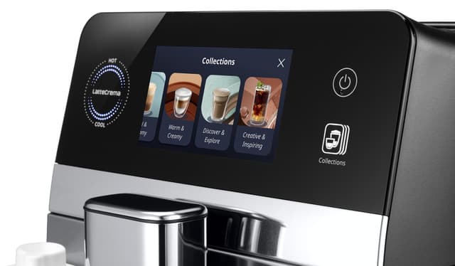 Nærbilde av touch-skjermen på en DeLonghi Eletta Ultra-kaffemaskin.