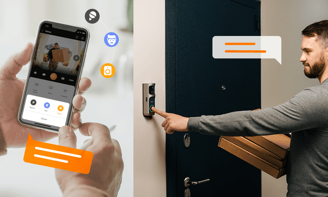 Lähetti ja paketin vastaanottaja keskustelevat IMOU Doorbell 2S -kaksisuuntaisen viestintäjärjestelmän kautta
