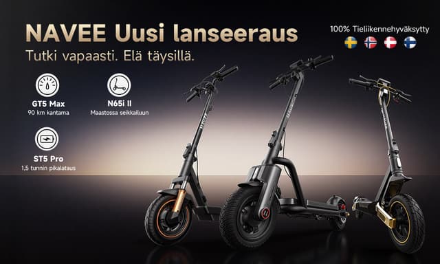 Kaksi Navee-sähköpotkulautaa mainosjulisteessa tummaa taustaa vasten