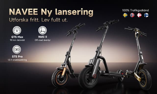 Banner för Navee med tre elsparkcyklar och texten: Navee nylansering. Utforska fritt. Lev fullt ut.
