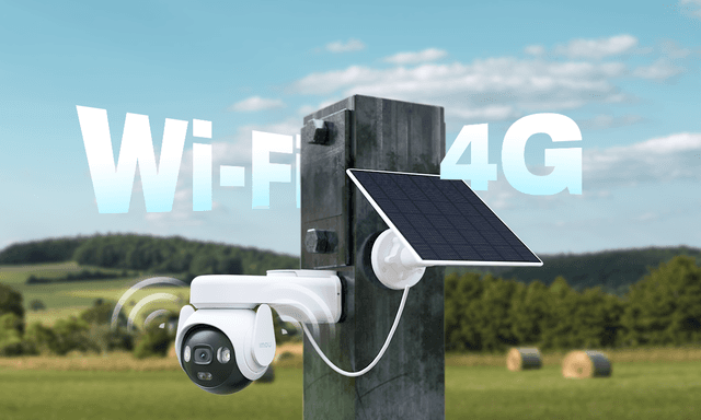 IMOU AOV PT ulkona tolpassa ja taustalla pelto ja teksti Wi-Fi 4G