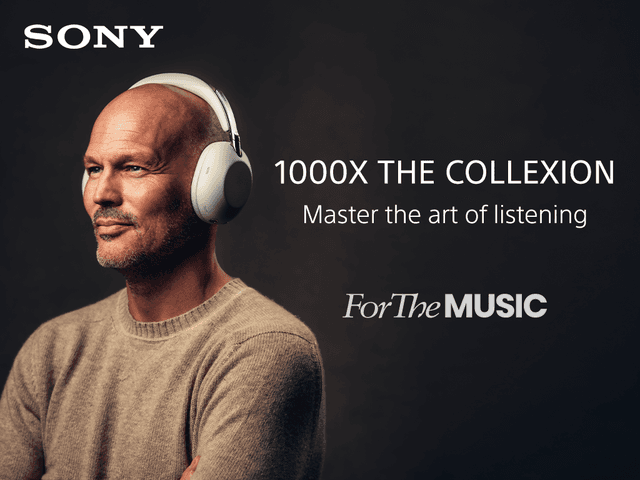 Man som lyssnar i Sony hörlurar och texten: 1000X The Collexion - Master the art of listening