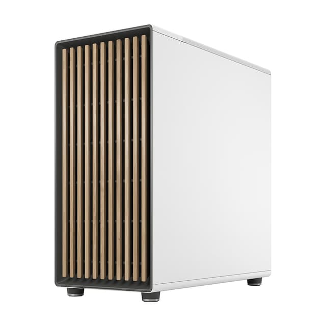 Tuotekuvassa valkoinen Fractal Design -tietokoneen kotelo valkoista taustaa vasten
