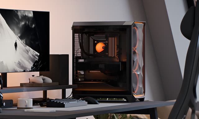 Fractal Design Meshify 3 -tietokoneen kotelo tietokonepöydällä osana gaming-varustusta