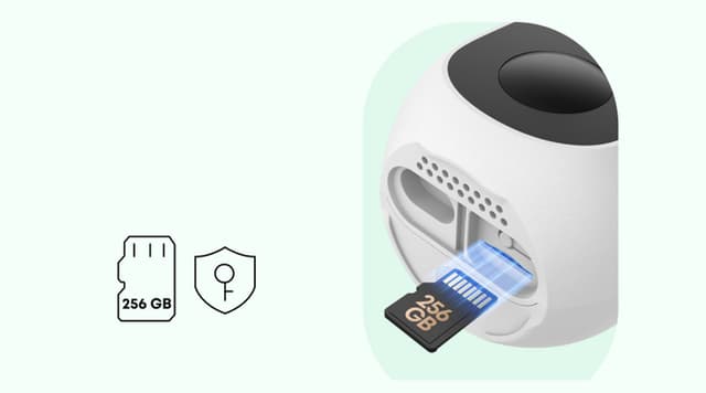 Illustration af EufyCam C35's lokale lagringsfunktion via microSD-kort med op til 256 GB kapacitet