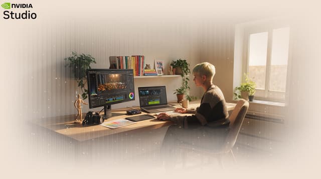 Nainen editoi videoita Nvidia Studiolla kermanvaaleassa kotitoimistossa