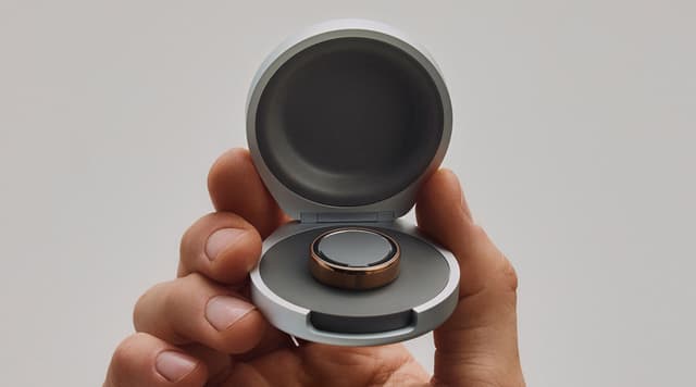 Et åpent ladeetui med en Oura Ring 5 inni.
