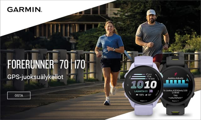 Kaksi juoksijaa lenkillä Garmin Forerunner 70 & 170 -urheilukellot ranteissaan