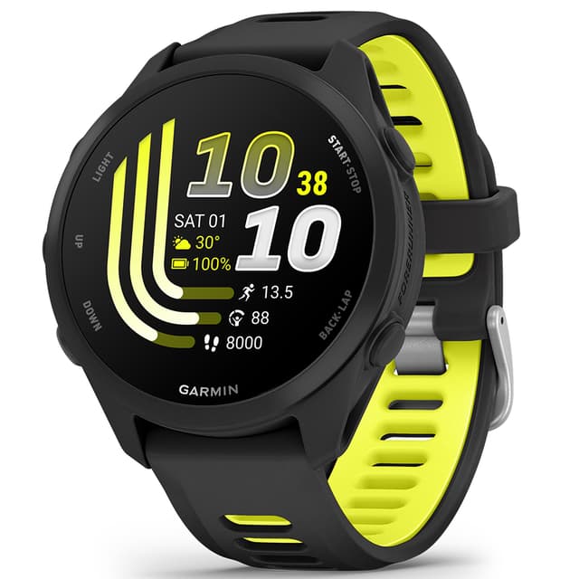 Tuotekuvassa Garmin Forerunner 170 -urheilukello mustan ja keltaisen sävyissä