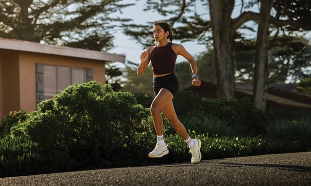 Tyttö treenaa sprinttijuoksua Garmin Forerunner -urheilukello ranteessaan
