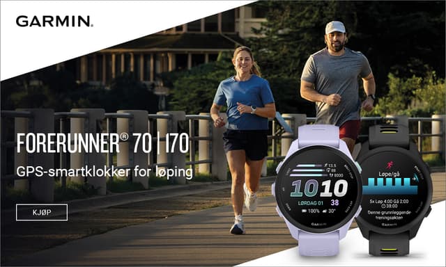 Mann og kvinne med Garmin Forerunner 70 og 170-sportsklokker som løper over en bro.