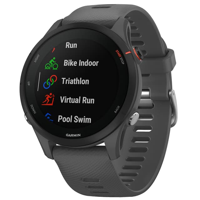 Produktbilde av en mørk grå Garmin Forerunner 255-sportsklokke.