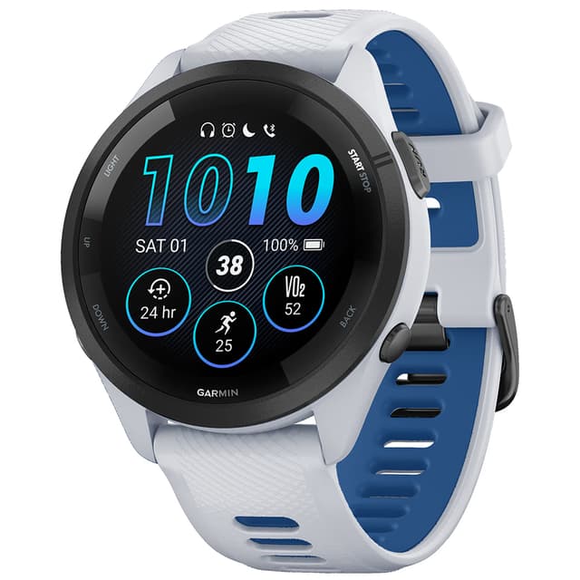 Produktbilde av en blå og hvit Garmin Forerunner 265-sportsklokke.