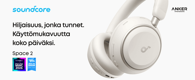 Tuotekuvassa valkoiset Soundcore Space 2 -kuulokkeet ja teksti "Hiljaisuus, jonka kuulet. Käyttömukavuutta koko päiväksi."