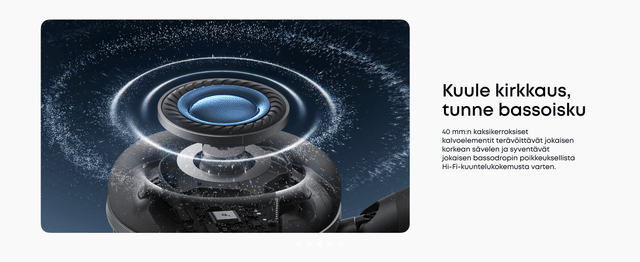 Lähikuvassa Soundcore Space 2 -kuulokkeiden sisäosan kaiuttimet ja teksti "Kuule kirkkaus, tunne bassoisku"