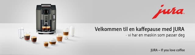 Banner med teksten "Velkommen til en kaffepause med Jura - vi har en maskin som passer deg."