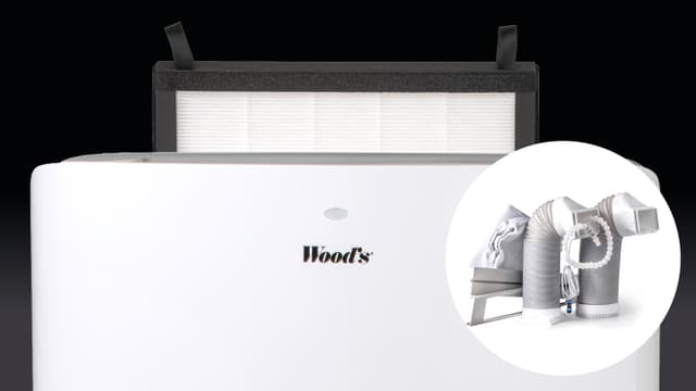 Bild av Woods Cortina bärbara AC, dess HEPA-filter och fönsterset