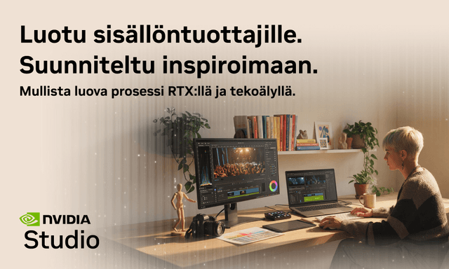 Nainen työskentelee tyylikkäässä kotikonttorissa Nvidia Studiolla ja vieressä teksti "Built for creators"
