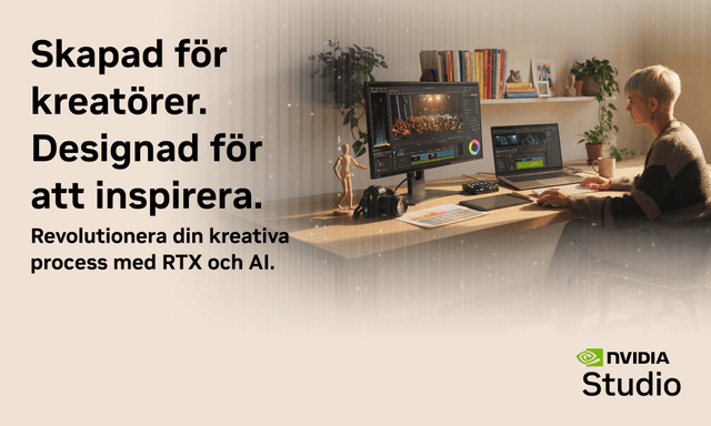 Kvinna arbetar i ett snyggt inrett hemmakontor med Nvidia Studio och texten "Skapad för kreatörer"