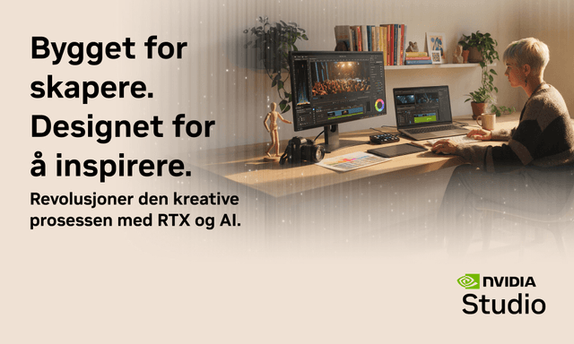 Kvinne som jobber på et stilig hjemmekontor med Nvidia Studio og teksten «Bygget for skapere».