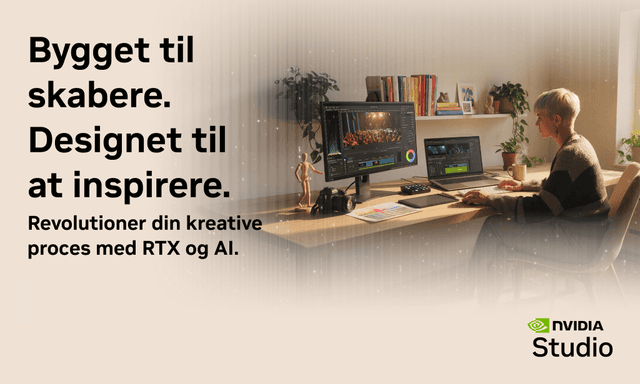Woman working in a stylish home office with Nvidia Studio and text "Built for creators"